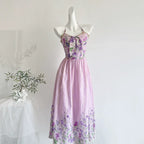 Flowering Girl Women Halter Spaghetti Strap Bow Front Floral Embroidery Midi Dress