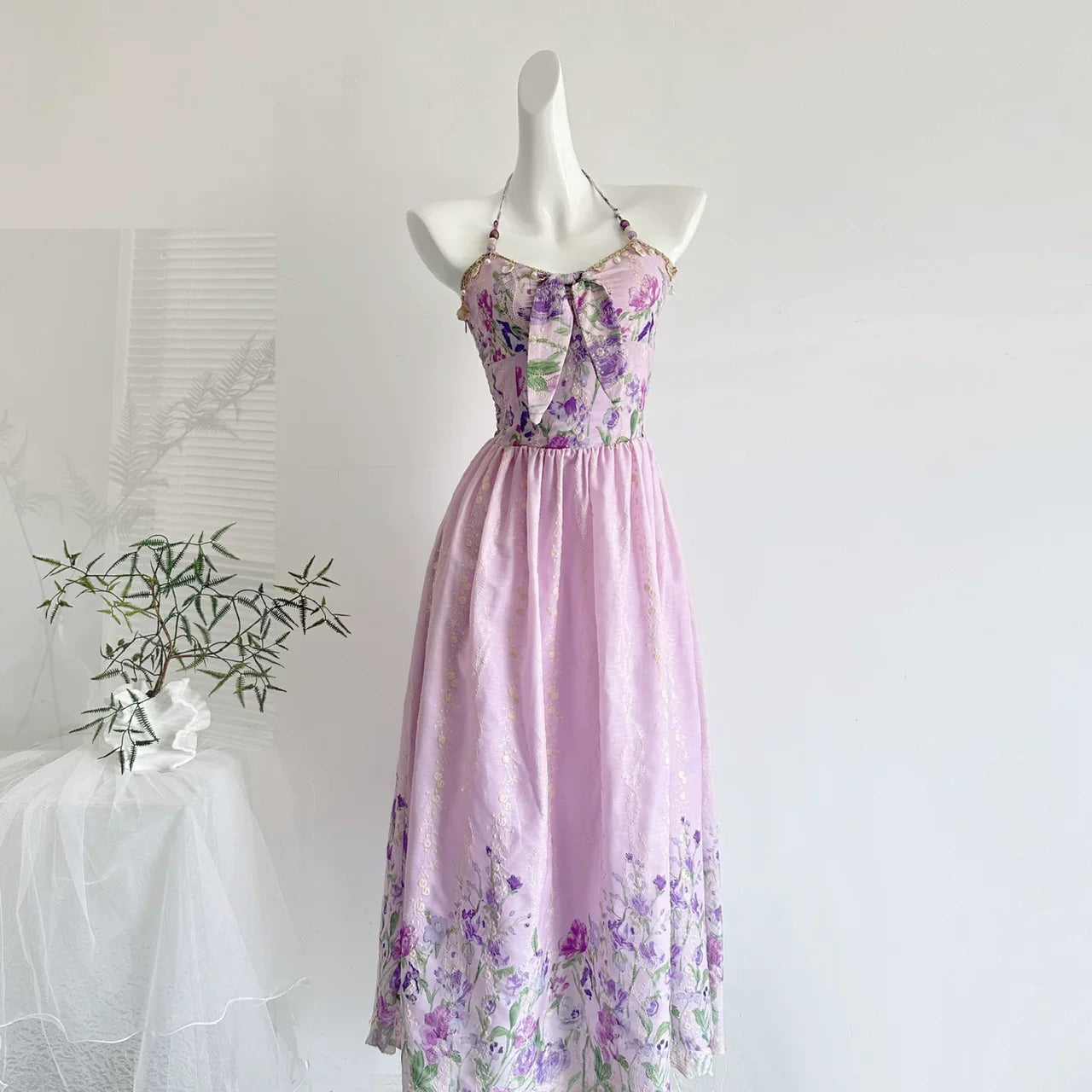 Flowering Girl Women Halter Spaghetti Strap Bow Front Floral Embroidery Midi Dress