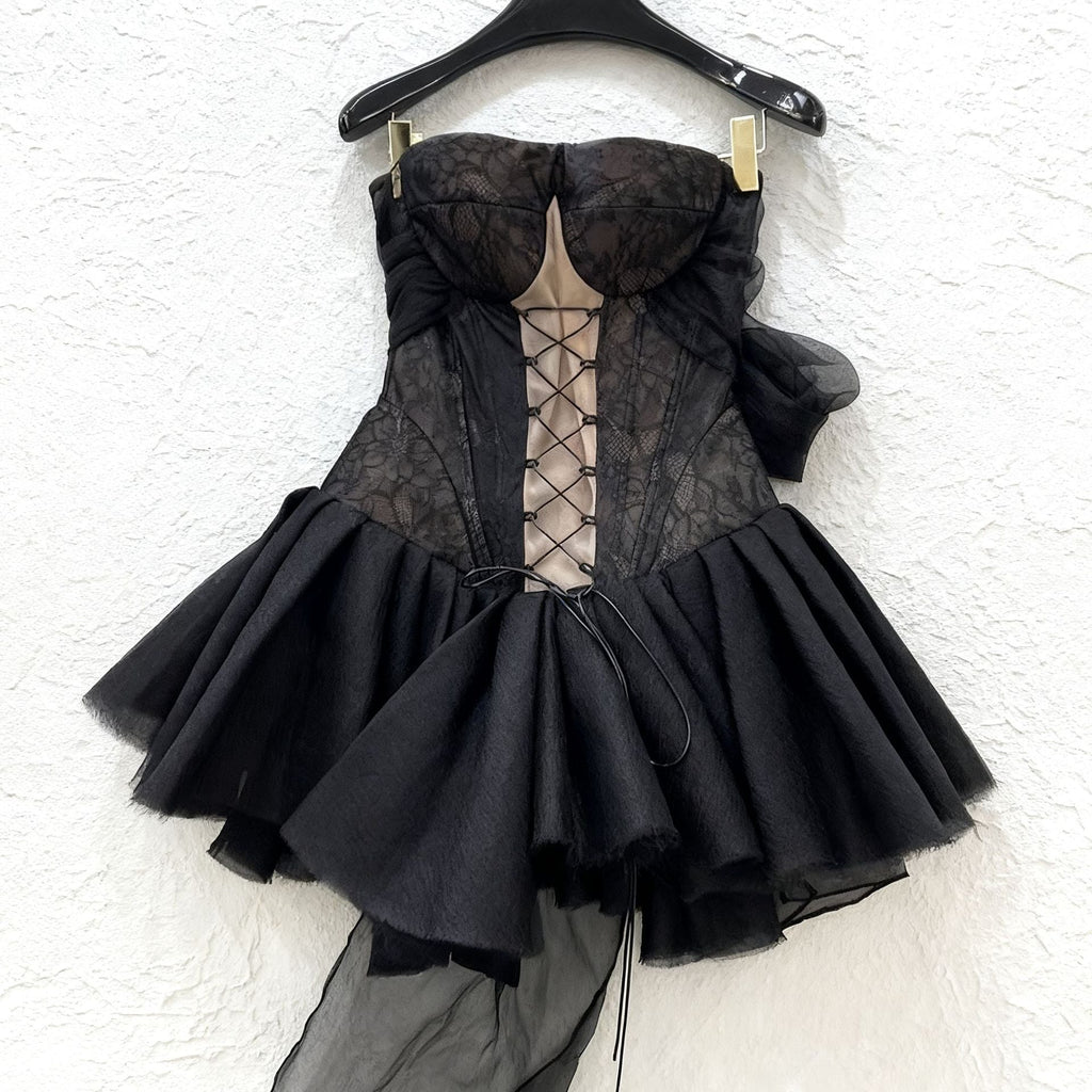 Flowering Girl Women Amelia Halter Neck Tube Top With Cross Straps Mini Dress In Black