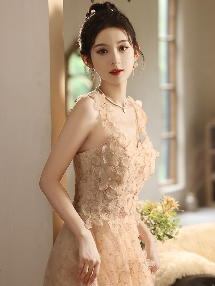 Sabina Apricot French Strapless Minimalist Fairy-Style Evening Gown Maxi Dress