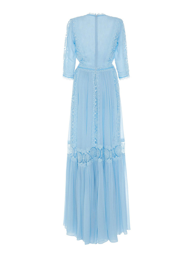 Blue V-Neck Lace Spliced Maxi Dress