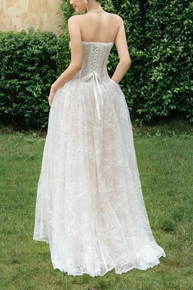 Sally 3d Butterfly Waist-Cinching Strapless Lace Maxi Dress - White