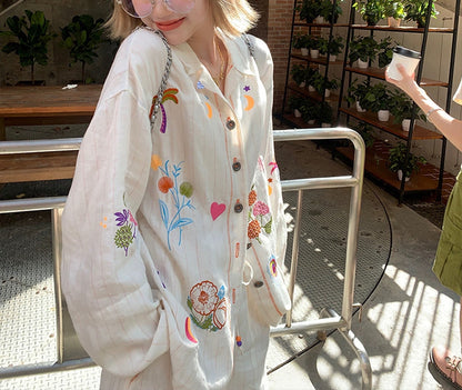 White embroidery cotton linen long sleeve shirt