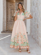 pink linen loose casual belt waist midi dress