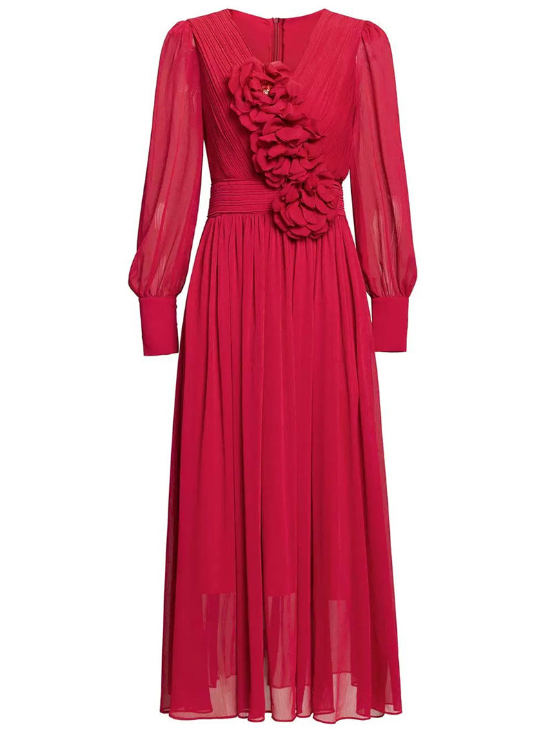 Flowering Girl Women three-dimensional flower v-neck purple chiffon maxi dress