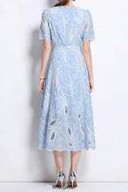 Flowering Girl Women dana hollow embroidery lace midi dress in blue