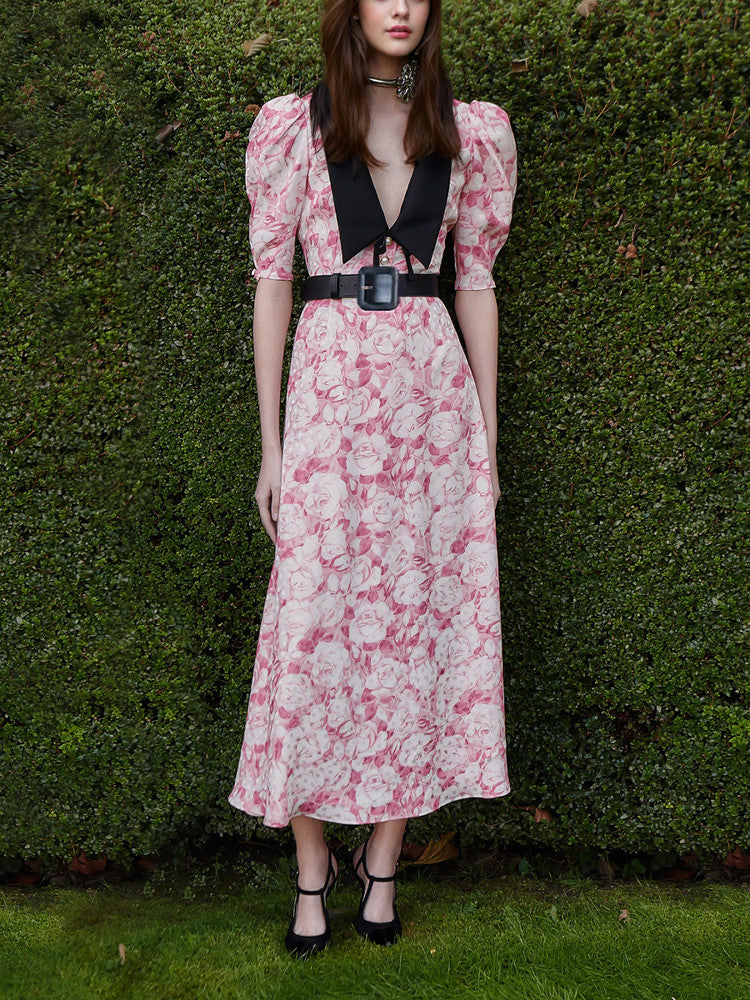 Pink Floral Printed Midi Dress