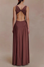 Flowering Girl Women brown pleated one-line neck pleated open back dress