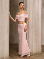 Flowering Girl Women Alice Pink Lace Off-Shoulder Top And Skirt Set