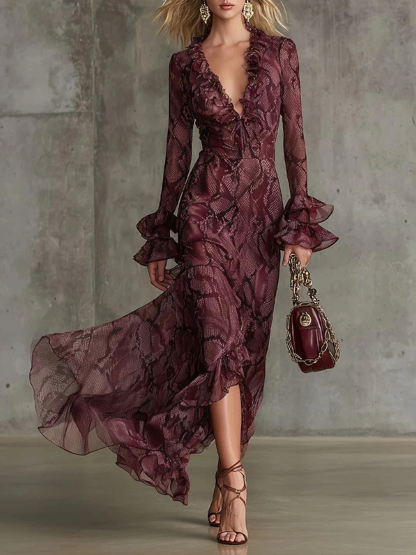 Flowering Girl Women flared sleeve tether V-neck dress long sleeve maxi dress