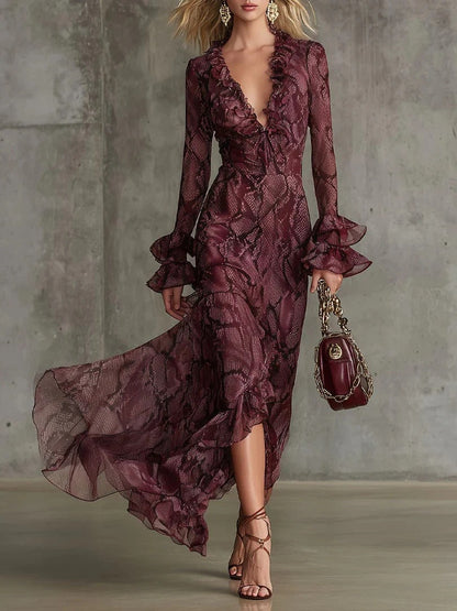 flared sleeve tether V-neck dress long sleeve maxi dress