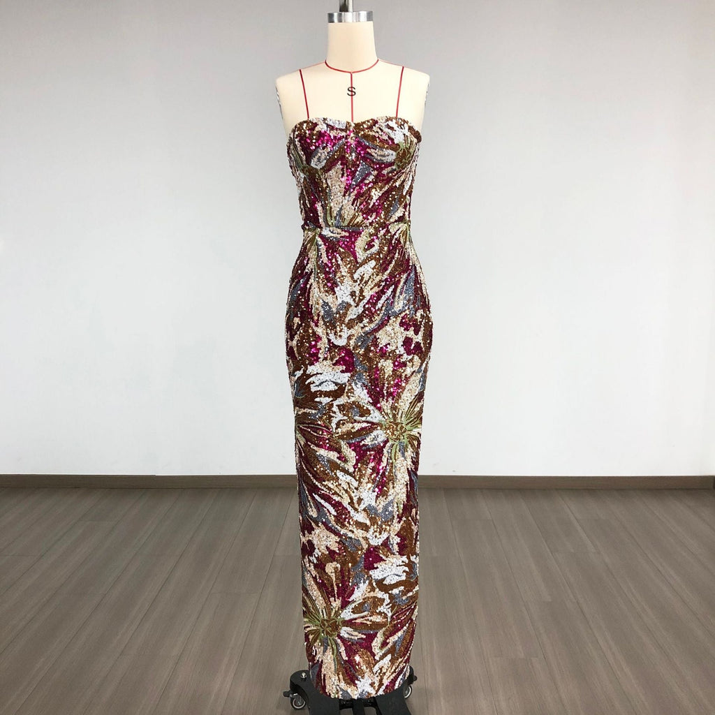 vivien fireworks pattern sequin embroidery strapless maxi dress