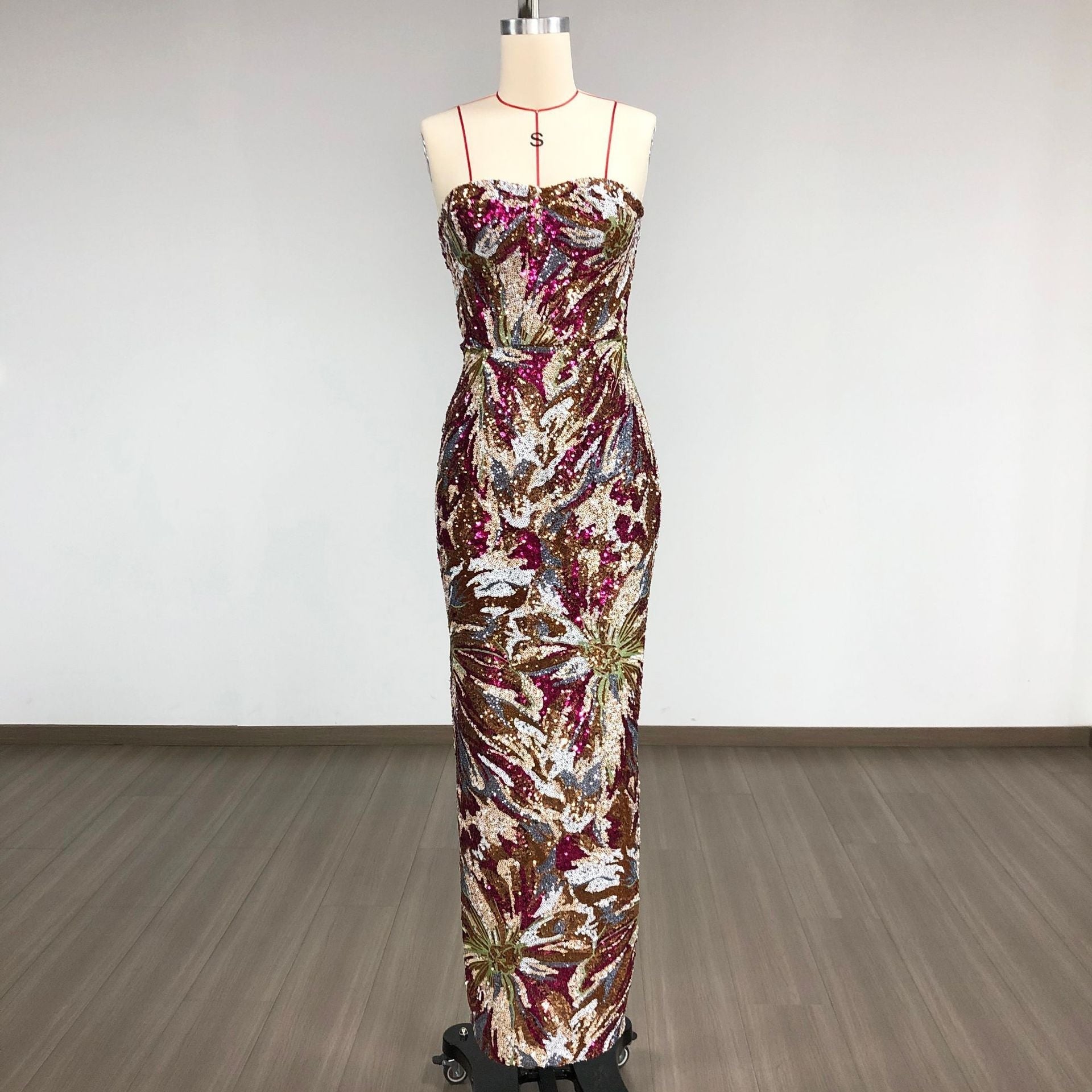 vivien fireworks pattern sequin embroidery strapless maxi dress