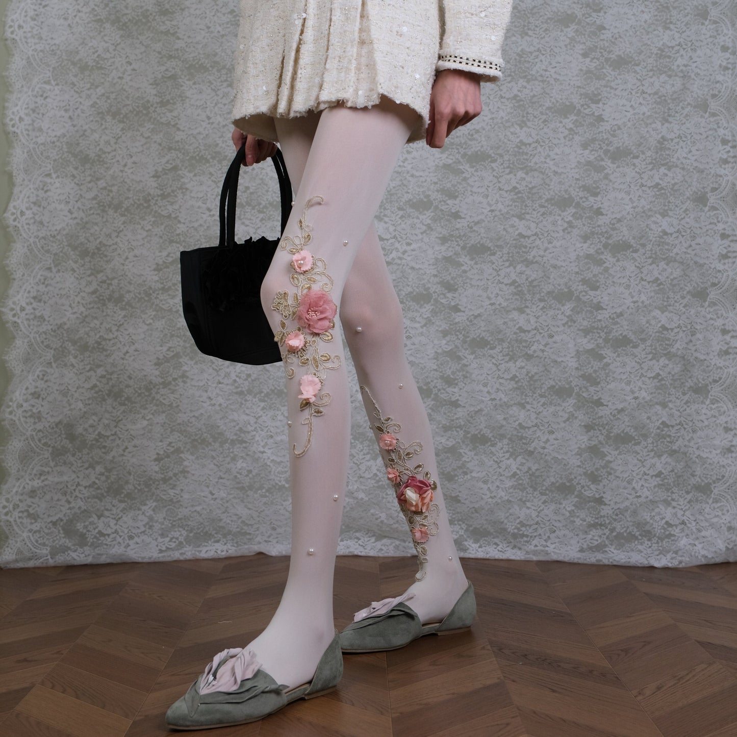 Sheer White Floral Embroidered Tights with 3D Flowers & Pearls