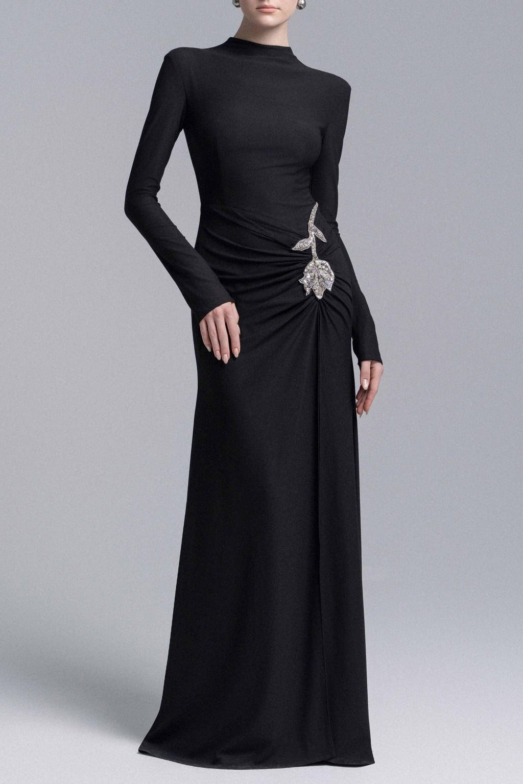 Flowering Girl Women Hedwig Rose Embellished Gathered Sheath Gown In Black