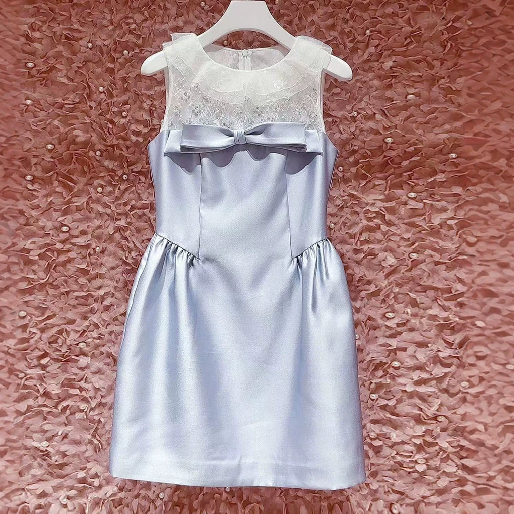 Lace Rhinestone Collar Big Bow Satin A-Line Mini Dress