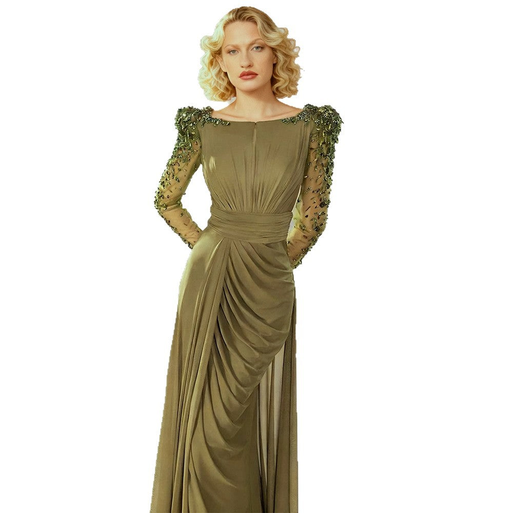 Flowering Girl Women nail bead set with diamonds small trailing long dress olive green