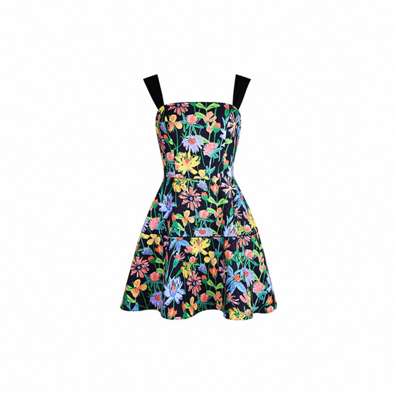 simona Colorful print A Line Strap Satin mini Dress