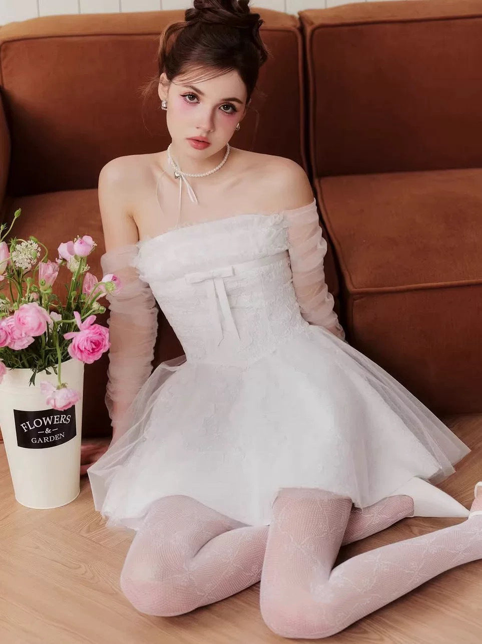 Flowering Girl Women cornelia Lace mesh ribbon A-line strapless mini dress - white