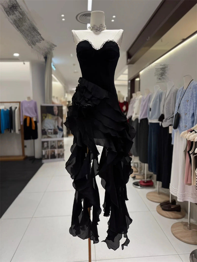 Sabrina Ruffle Crystal Strapless Midi Dress In Black