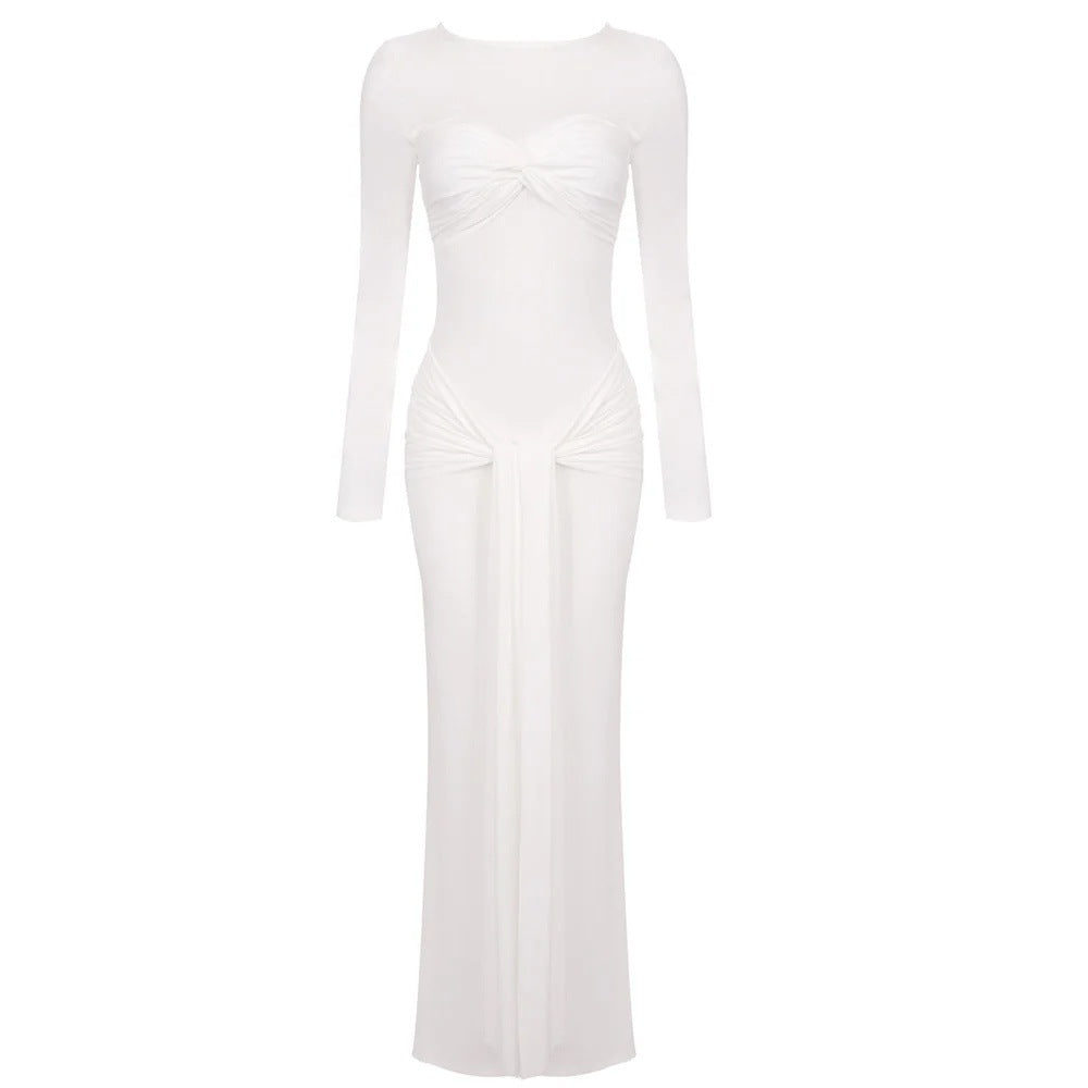 Flowering Girl Women Long-sleeved ribbon-trimmed round-neck maxi dress