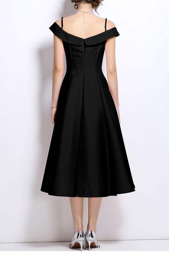 meroy off-shoulder satin pleated midi dress in black