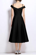 meroy off-shoulder satin pleated midi dress in black
