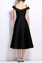 Flowering Girl Women Meroy Off-Shoulder Satin Pleated Midi Dress In Black