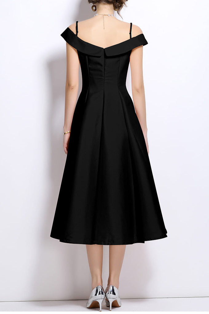Flowering Girl Women Meroy Off-Shoulder Satin Pleated Midi Dress In Black