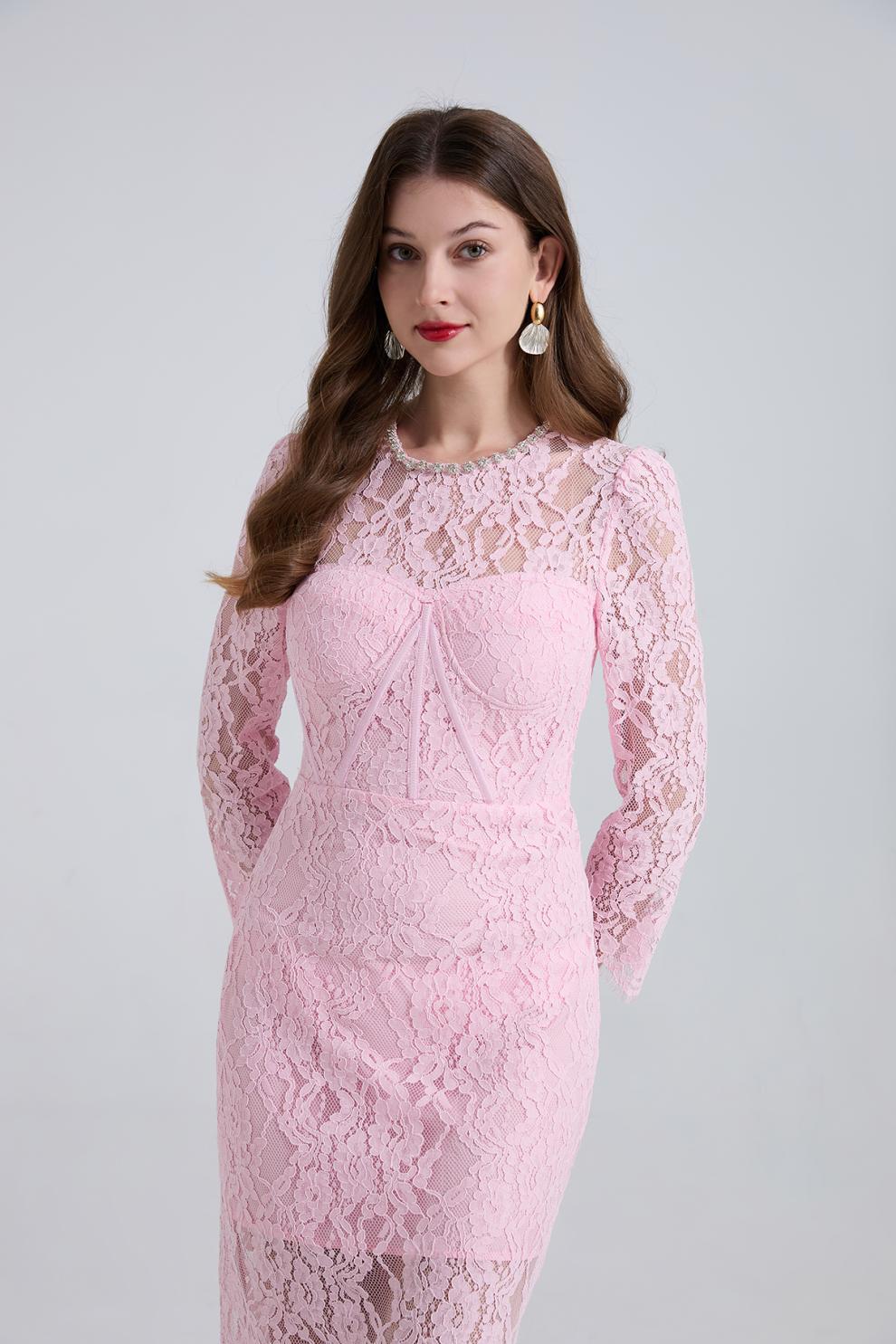 Bernice Rhinestone Fishbone Lace Midi Dress In Pink