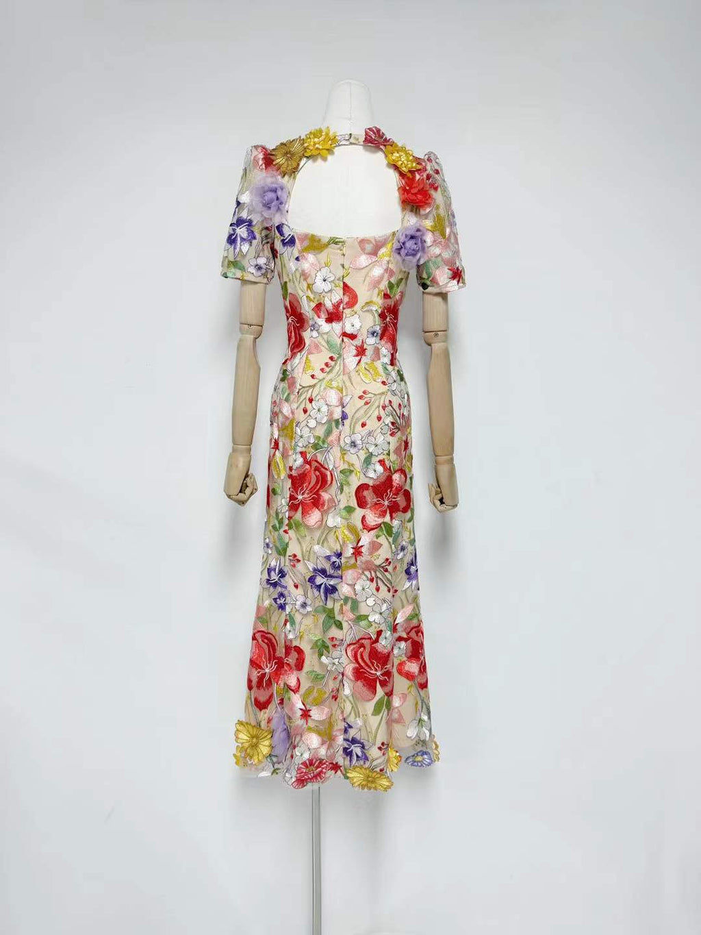 trista multicolor Square Neck backless Mesh Embroidered Fishtail maxi Dress