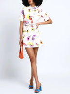 White Multicolor Daisy Print Shirt Dress with Belt
