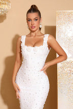 Flowering Girl Women Adela White Flower Beaded Square-Neck Elastic Bandage Maxi Dress