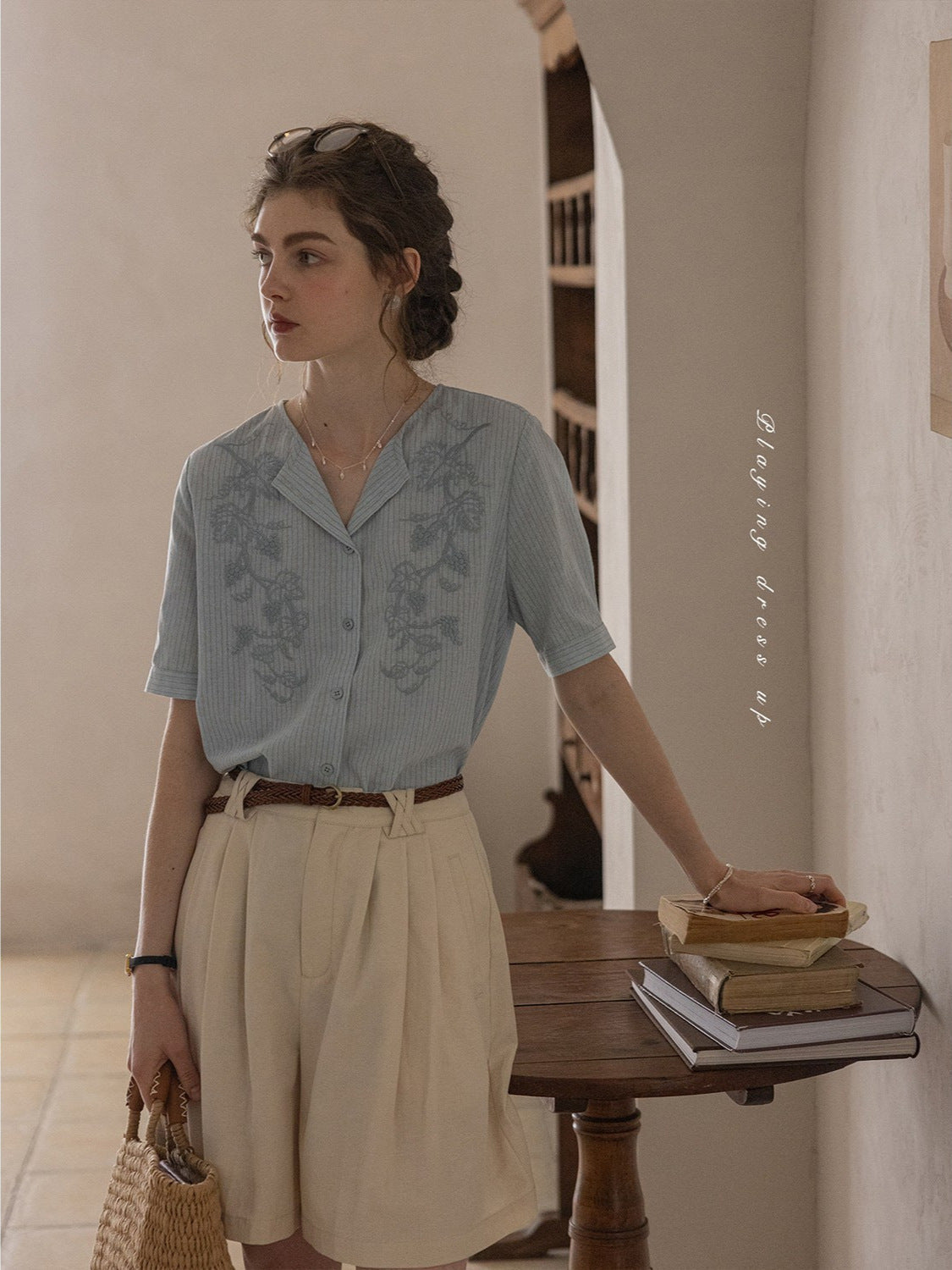 Flowering Girl Women embroidery yarn-dyed striped lapel short-sleeved shirt