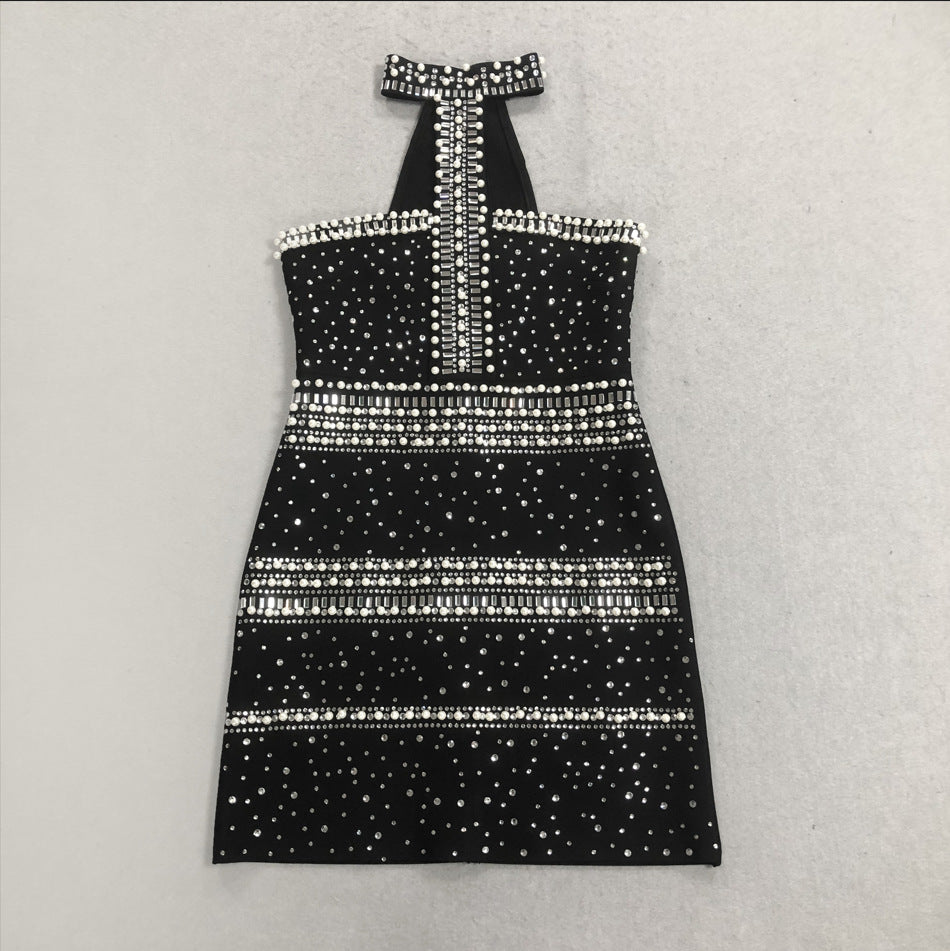 Nelly Pearl Rhinestone Halter Mini Dress In Black