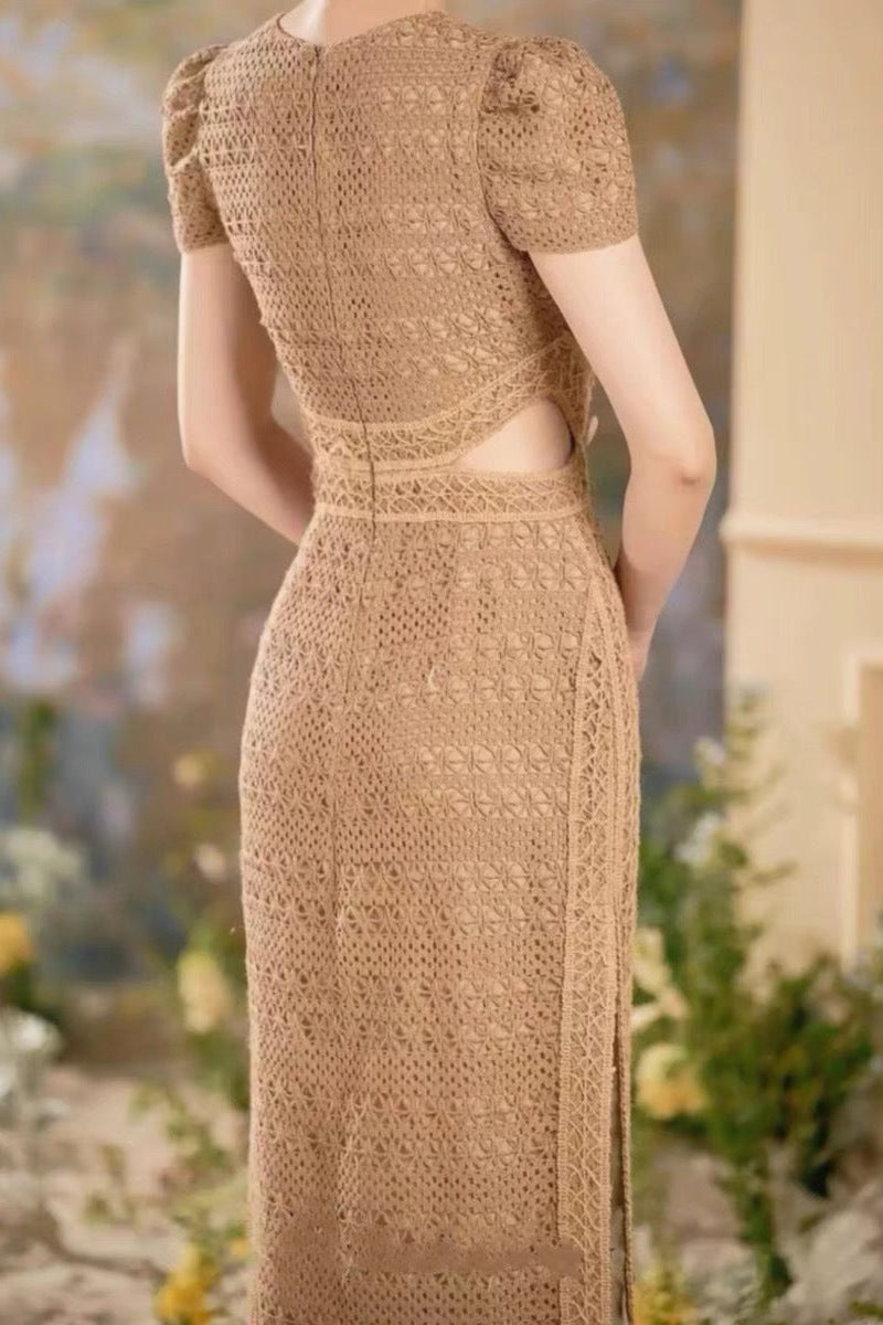 Sharon Appliqué Hollow Maxi Dress In Brown