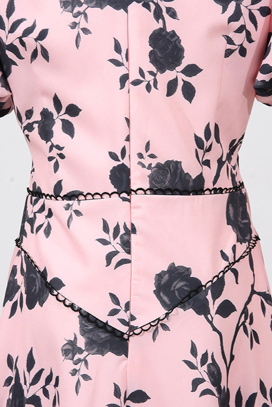Flowering Girl Women v-Neck Satin Floral Midi Dress In Pink