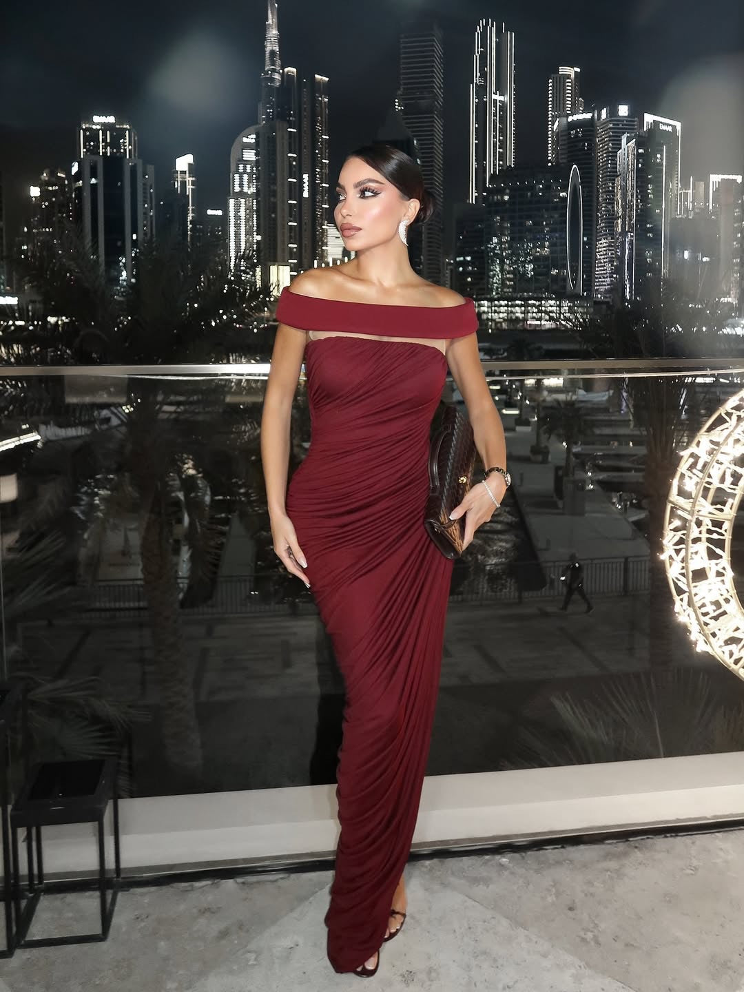 lola burgundy Off-shoulder asymmetrical-draped high slit maxi dress