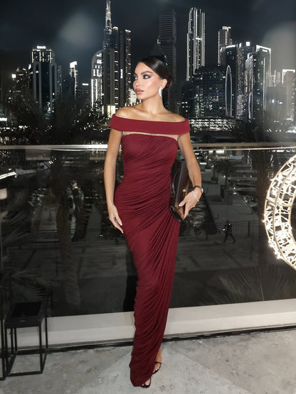 lola burgundy Off-shoulder asymmetrical-draped high slit maxi dress