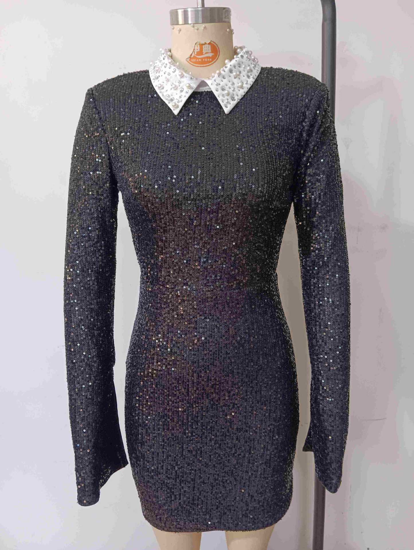 Wanda Long Sleeve Sequin Backless Mini Dress In Black