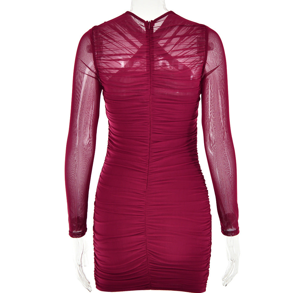 Flowering Girl Women LONG SLEEVE RUCHED MESH DRESS IN WINE