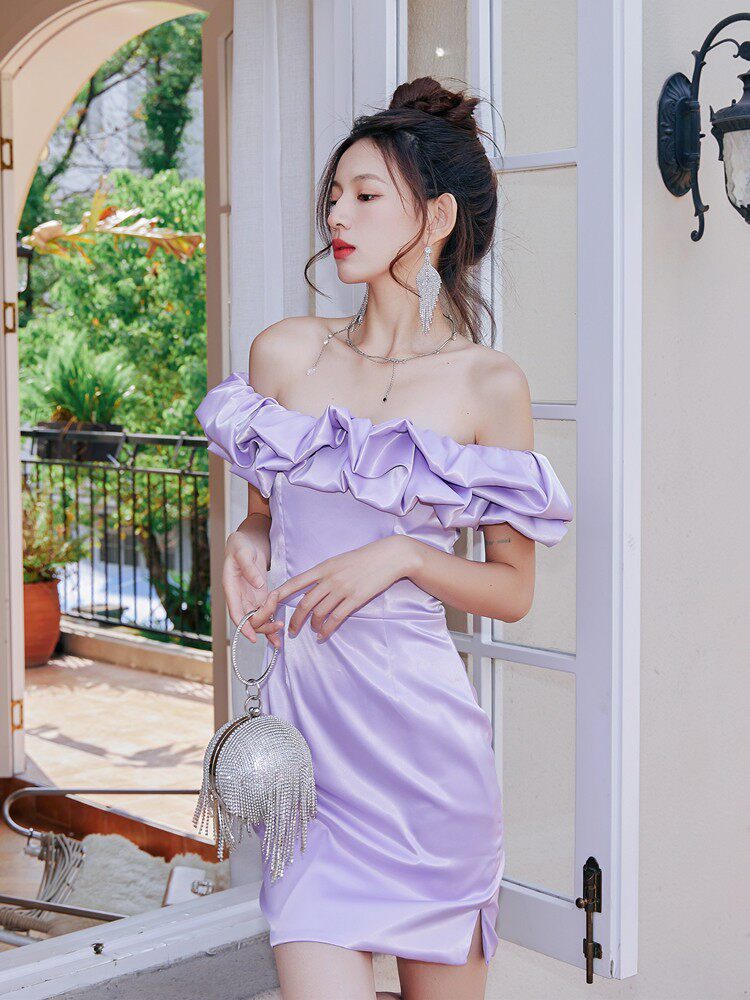 Dolores Ruffle Strapless Mini Dress-Purple