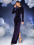 Wallis Long Sleeve Split Hem Sequin Maxi Dress In Purple