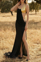 elvira one-shoulder Metal chain decoration maxi dress in black