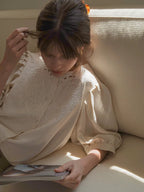 Flowering Girl Women white embroidered cut-out crew neck lantern sleeve shirt
