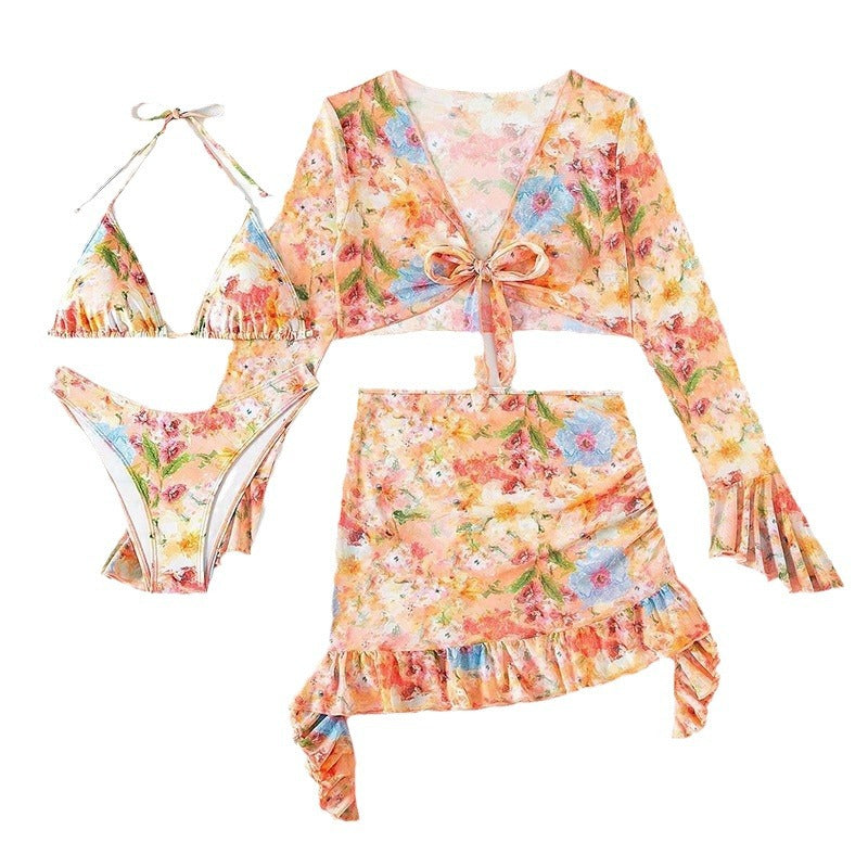 Flowering Girl Women printed long-sleeve split cover-up bikini