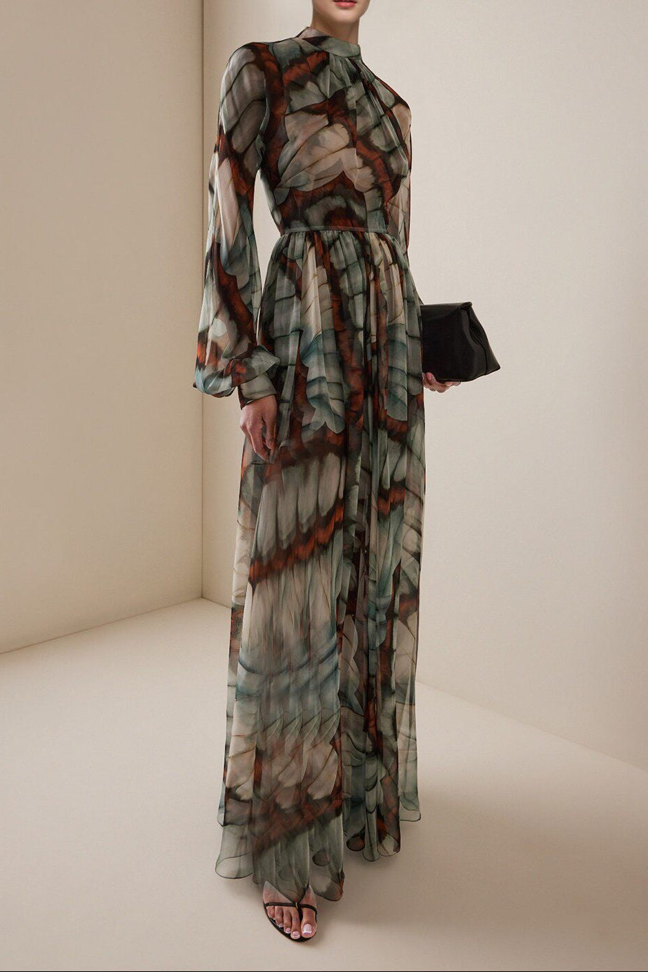 Abstract Butterfly Print Chiffon Maxi Dress