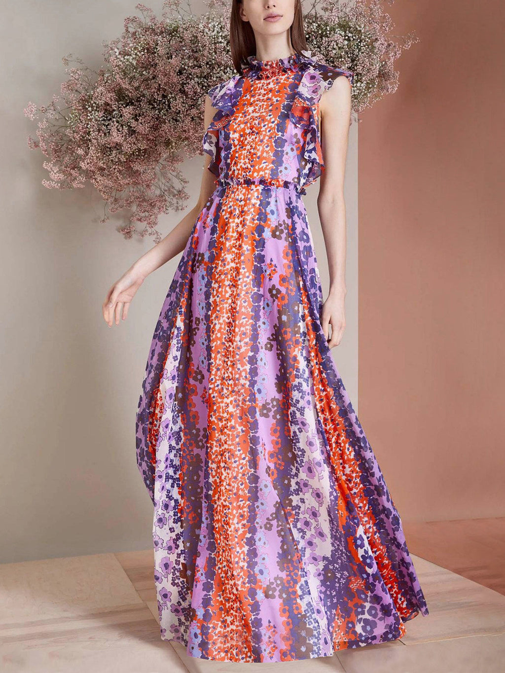 Floral Fungus Edge Collar Maxi Dress