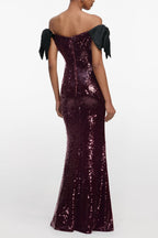 Jessie Bow Detail Bardot Sequin Maxi Dress In Burgundy