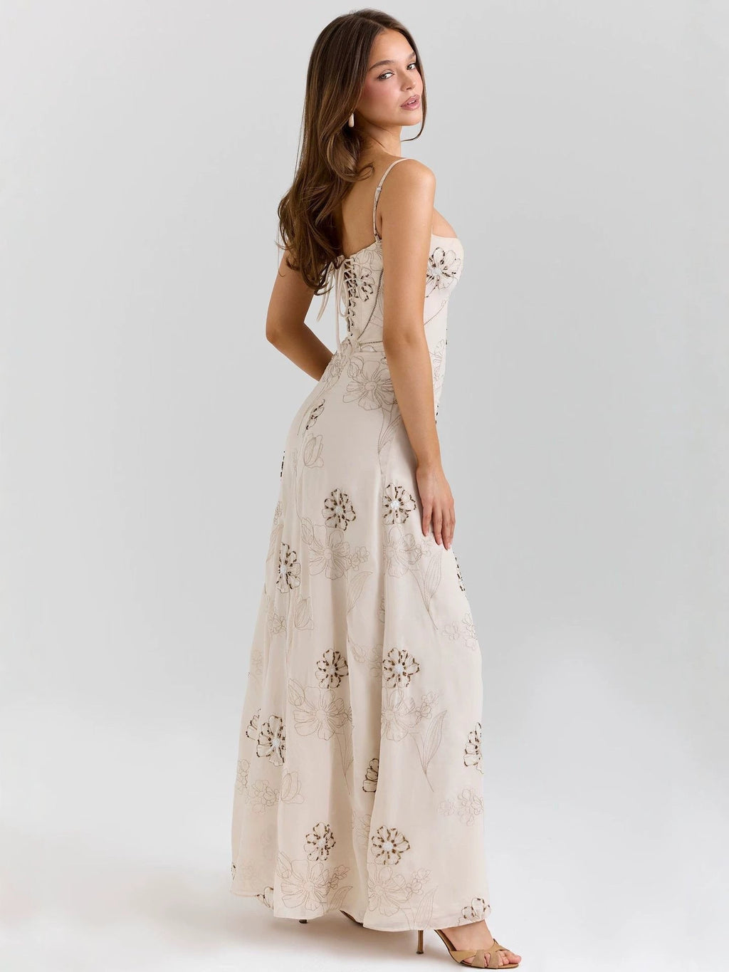 Flowering Girl Women Vintage embroidered hollow slip maxi dress - white